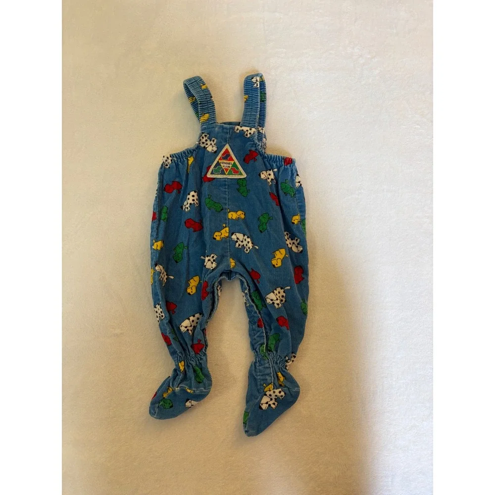 Vintage OshKosh Bgosh Kennel Klub Blue Corduroy Dog Print Footed Overalls 3-6M